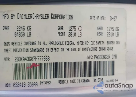 2007 Dodge Charger z USA, uszkodzony, nr VIN 2B3KA43G07H777968